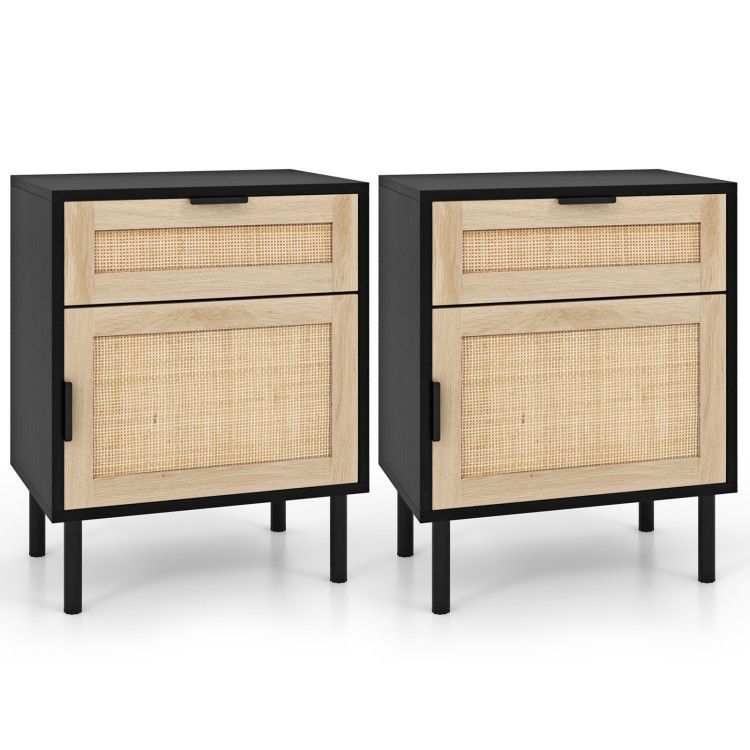 Rattan Nightstand Set of 2 with Drawer and Cabinet Rattan Nightstand Set of 2 with Drawer and Cabinet