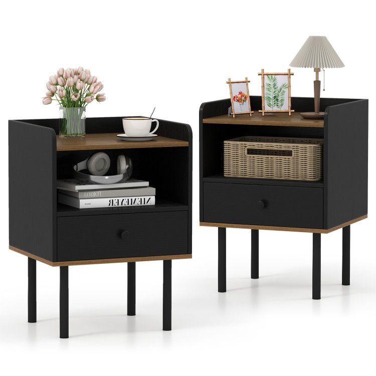 Nightstand with Drawer 3-Tier Sofa Side Table with Open Storage Shelf Set of 2 Nightstand with Drawer 3-Tier Sofa Side Table with Open Storage Shelf Set of 2