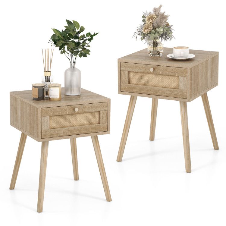 Set of 2 Modern Rattan Nightstand with Drawer and Solid Wood Legs for Bedroom and Living Room Set of 2 Modern Rattan Nightstand with Drawer and Solid Wood Legs for Bedroom and Living Room