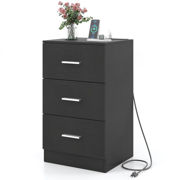 Nightstand with Charging Station End Table with 3 Storage Drawers Bedside Table for Bedroom Nightstand with Charging Station End Table with 3 Storage Drawers Bedside Table for Bedroom