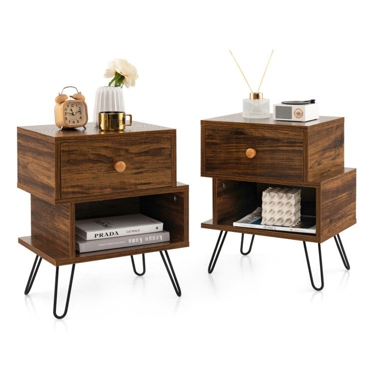 Set of 2 Irregular 2-Tier Wooden Nightstands with Elevated Metal Feet Set of 2 Irregular 2-Tier Wooden Nightstands with Elevated Metal Feet