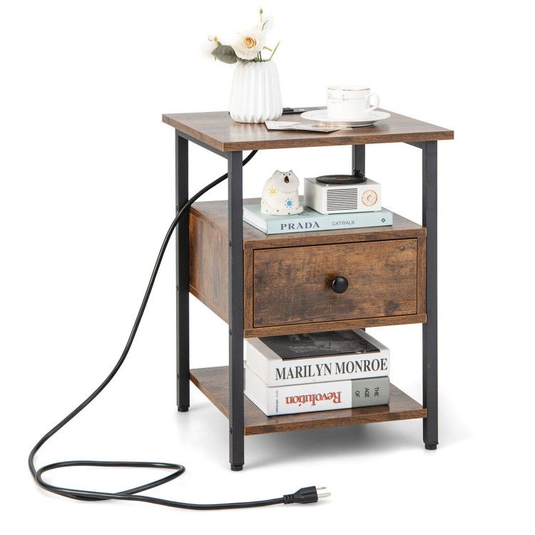 1/2 Pieces 3-Tier Nightstand with Charging Station and Drawer