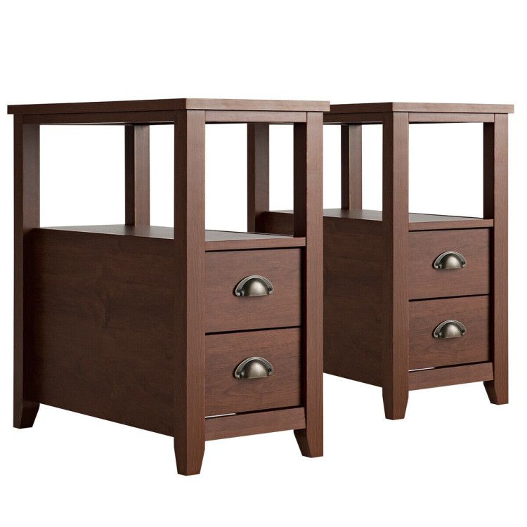 2 Pieces Space-saving Wooden Bed-side Nightstand Set with 2 Drawers