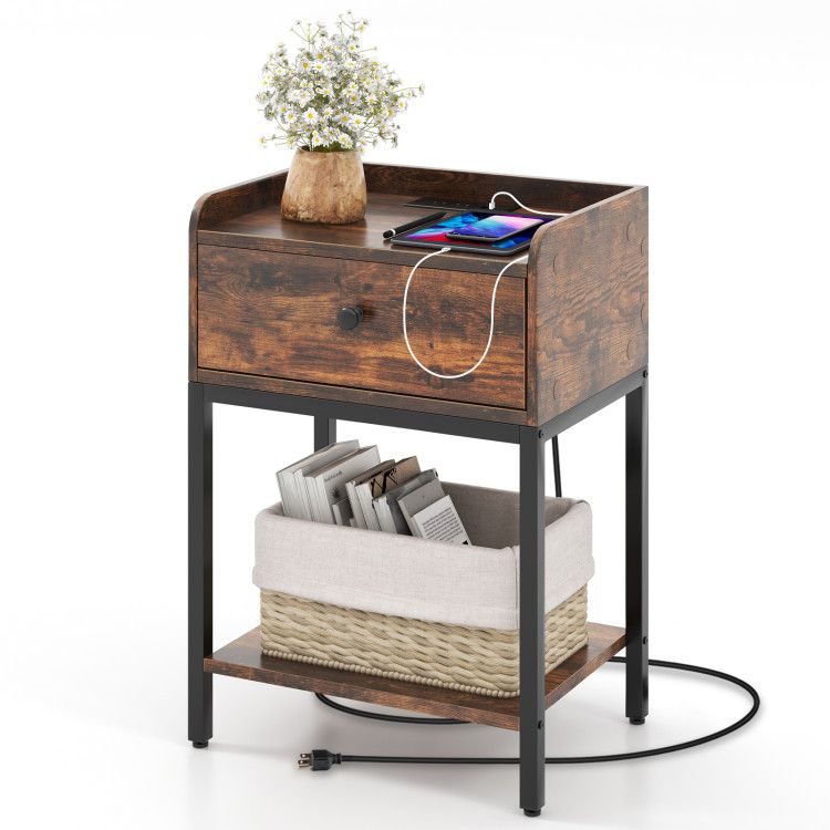 Industrial Bedside Table Nightstand with Charging Station Industrial Bedside Table Nightstand with Charging Station