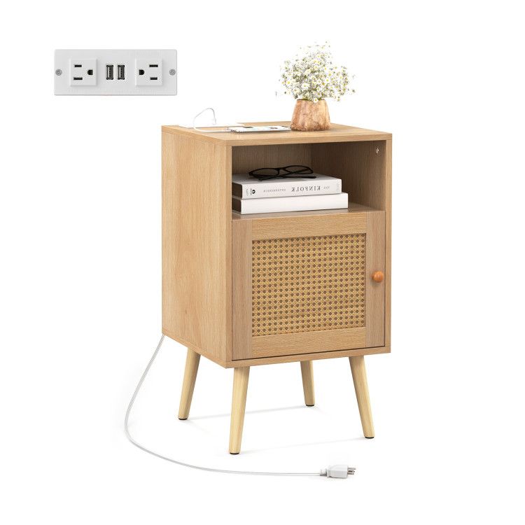 Rattan Nightstand with Charging Station Bedside Table with USB Ports and PE Rattan Door Rattan Nightstand with Charging Station Bedside Table with USB Ports and PE Rattan Door