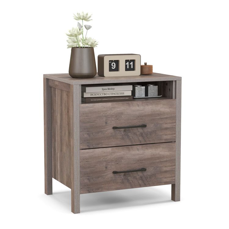 Nightstand with 2 Drawers Farmhouse Bed Side Table with Open Storage Shelf Nightstand with 2 Drawers Farmhouse Bed Side Table with Open Storage Shelf