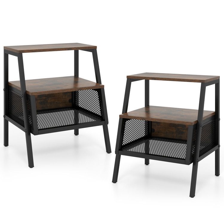 Industrial Nightstand 3-Tier End Table Set of 2 with 2 Open Shelves and Metal Mesh Compartment Industrial Nightstand 3-Tier End Table Set of 2 with 2 Open Shelves and Metal Mesh Compartment