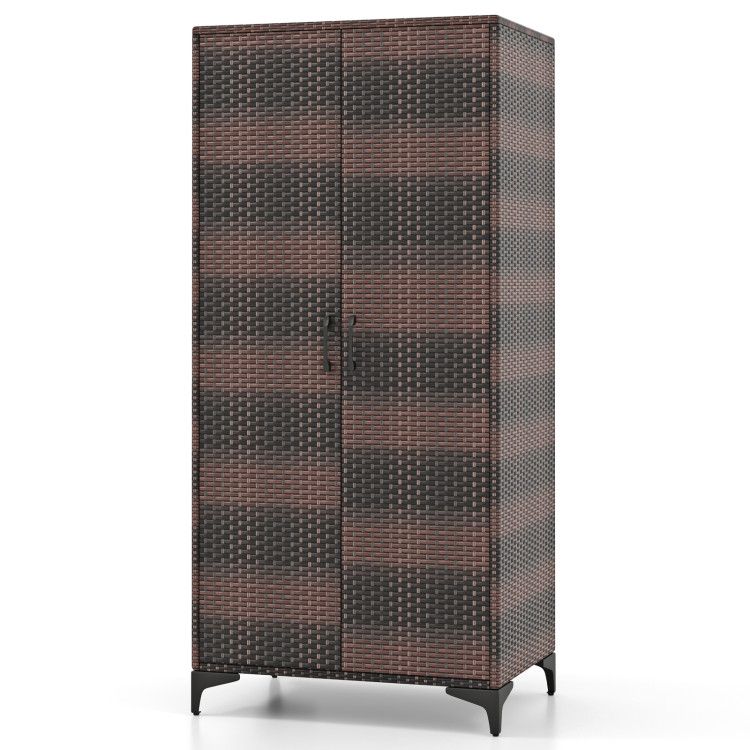 62 Inch Wicker Wardrobe with 2 Doors PE Rattan Closet with Hanging Rod