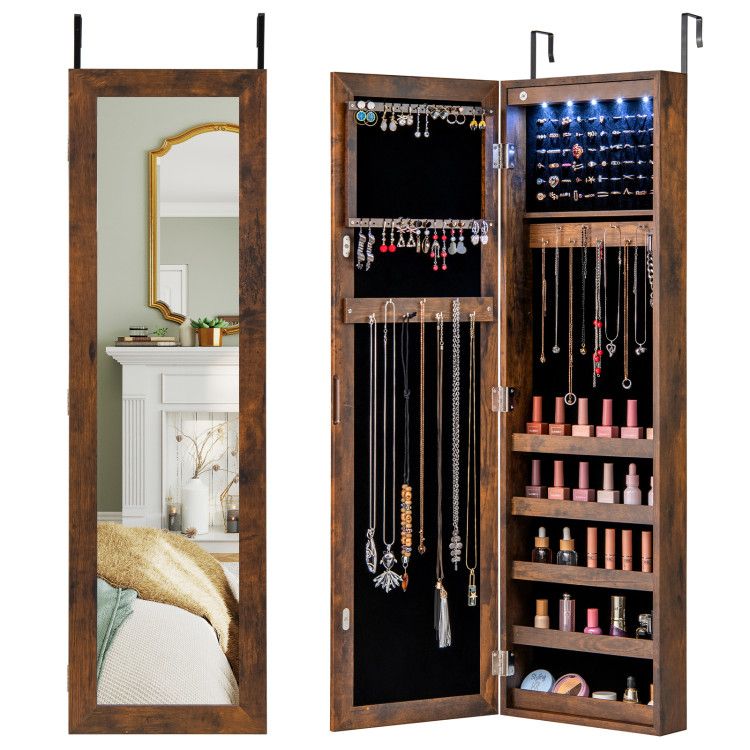 Wall or Door Mounted Jewelry Cabinet with Full-Length Mirror and LED Lights