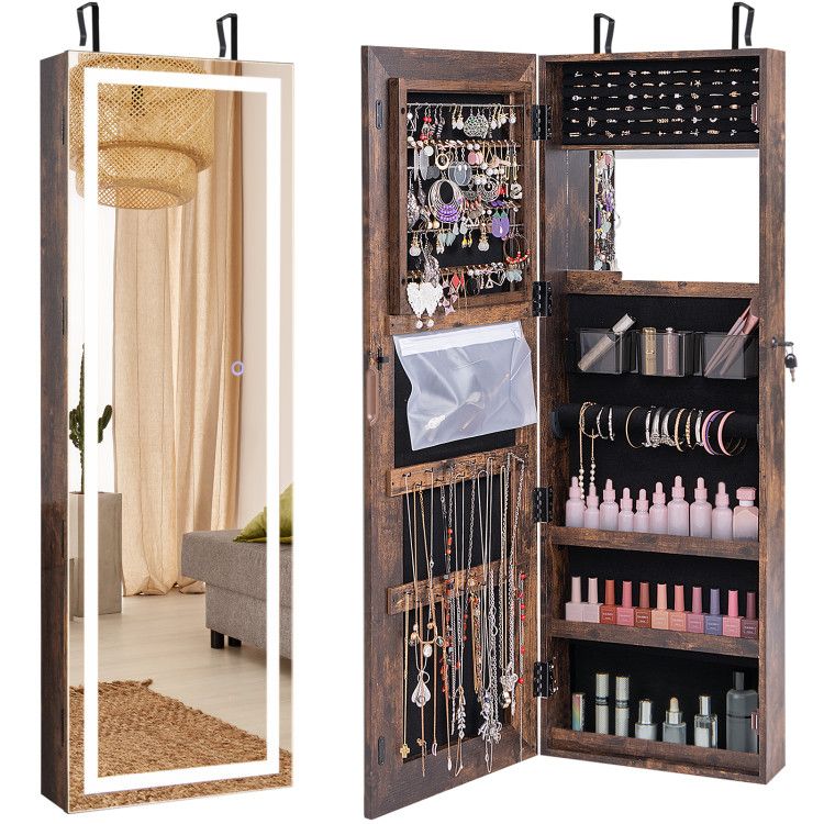 Mirrored Jewelry Armoire with Full Length Mirror and 2 Internal LED Lights
