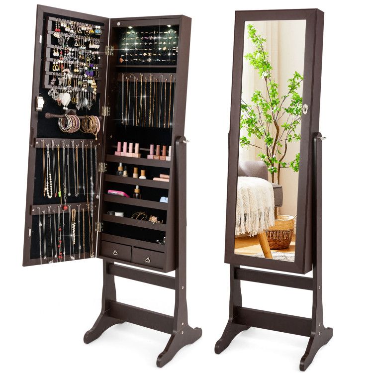 Lockable Mirrored Jewelry Cabinet with Stand and 2 LED Lights