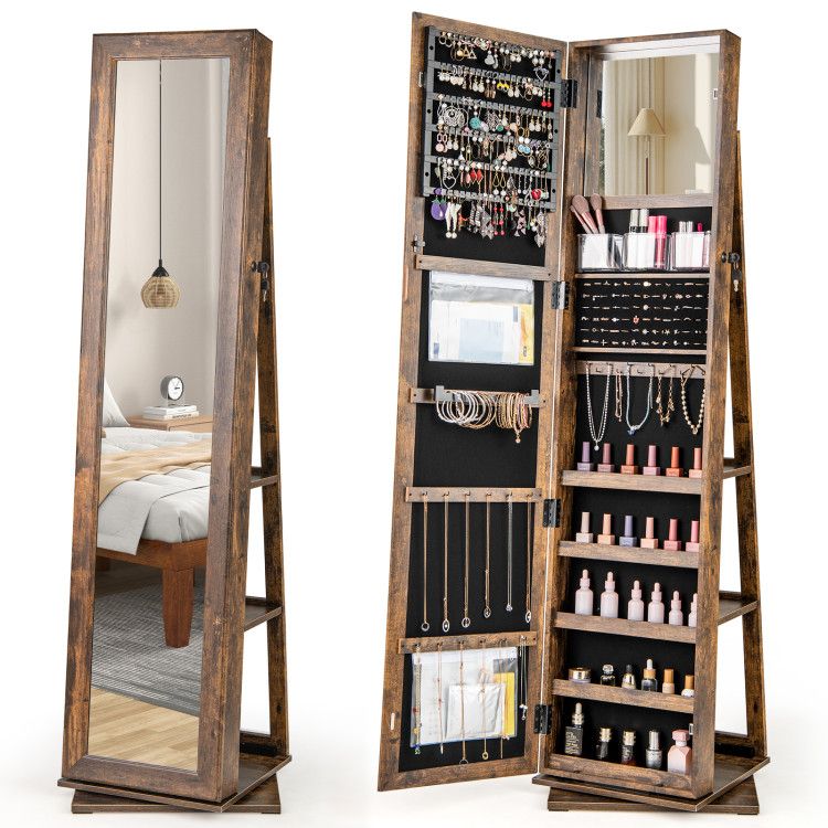 360° Swivel Jewelry Armoire Standing Jewelry Organizer with Full Length Mirror and Back Shelves