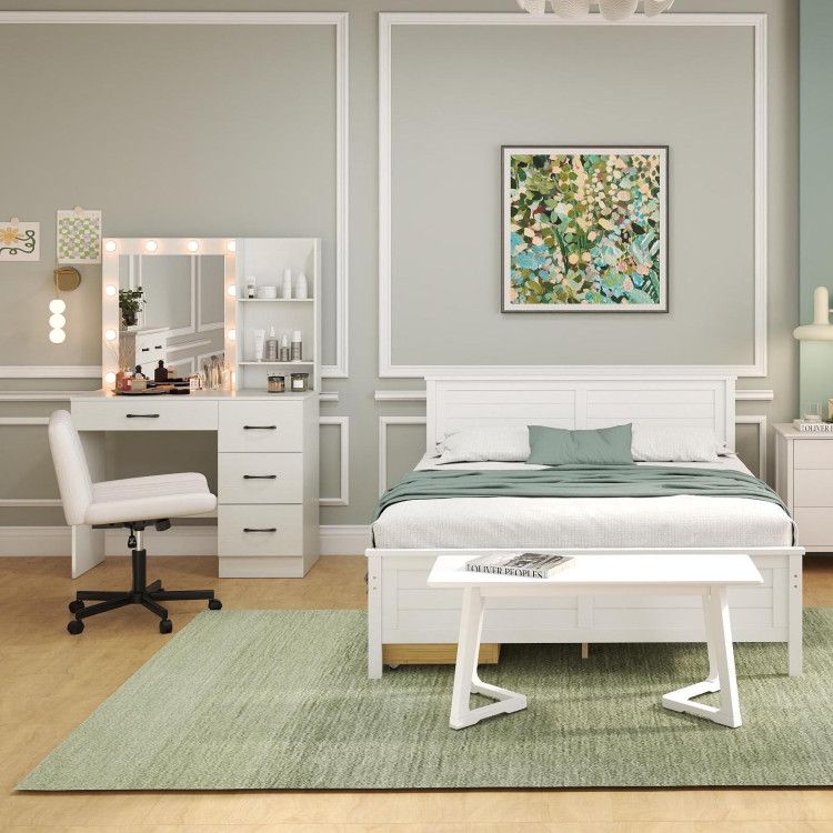 4-Piece Bedroom Furniture Set with Twin Size Bed Frame, Entryway Bench, Vanity Desk and Jewelry Armoire