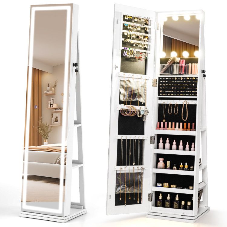 360° Swivel Freestanding Jewelry Cabinet with Lighted Full Length Mirror
