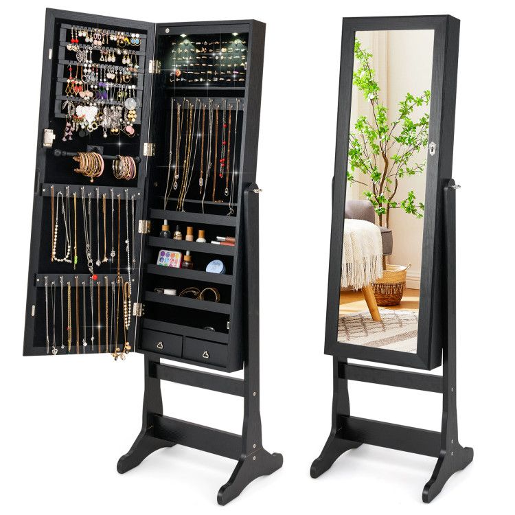 Lockable Freestanding Jewelry Cabinet Armoire with Full-Length Mirror and Lights