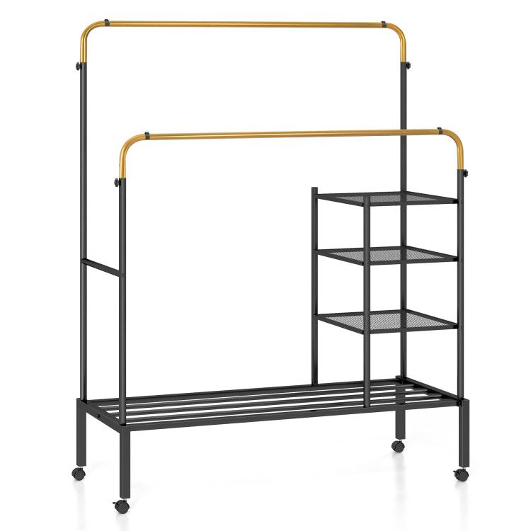Rolling Double Rods Garment Rack with Height Adjustable Hanging Bars