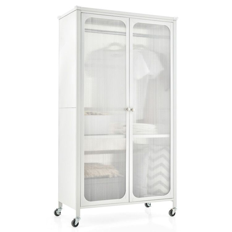 Rolling Storage Armoire Closet with Hanging Rod and Adjustable Shelf