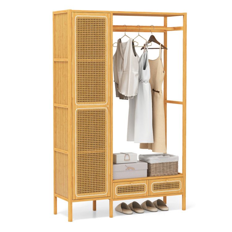 Bamboo Clothing Rack with Cabinet and Drawers and Hanging Rod