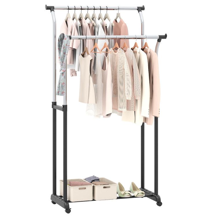 Rolling Clothes Rack Double Rod Garment Rack with Adjustable Height
