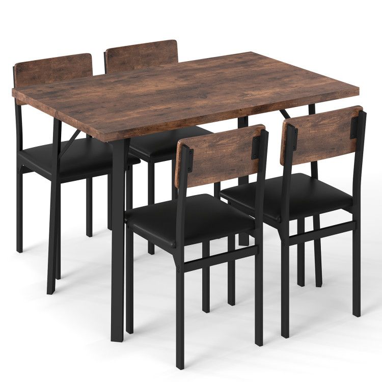 5-Piece Dining Table Set for 4 People Industrial Kitchen Table and 4 PU Leather Chairs