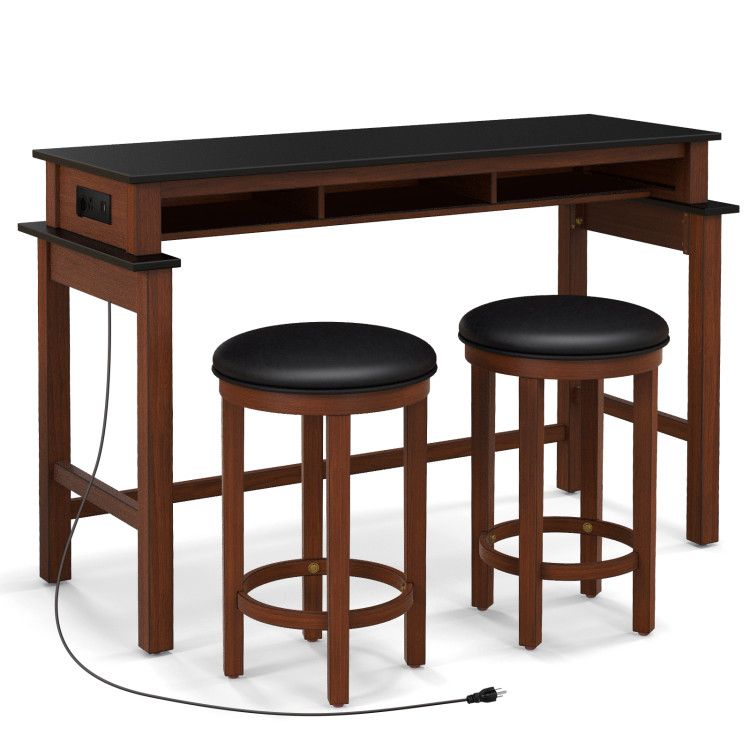 3-Piece Home Bar Set with 2 Upholstered Bar Stools, Outlets and USB Ports