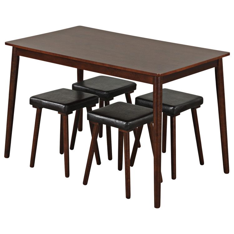 5 Piece Dining Table Set for 4 with 4 Upholstered Stools and Rubber Wood Legs
