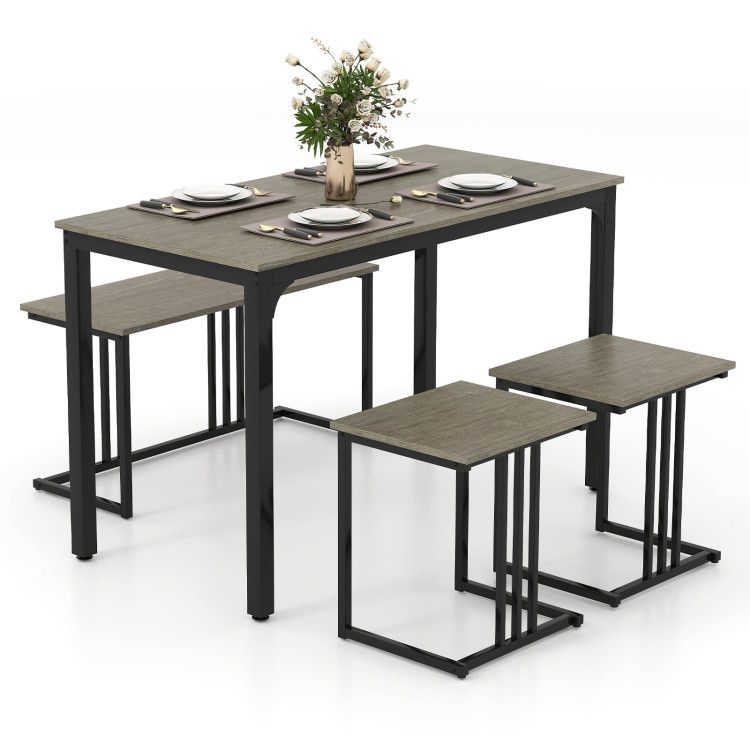 4 Pieces Space-Saving Dining Table Set with Bench and 2 Stools
