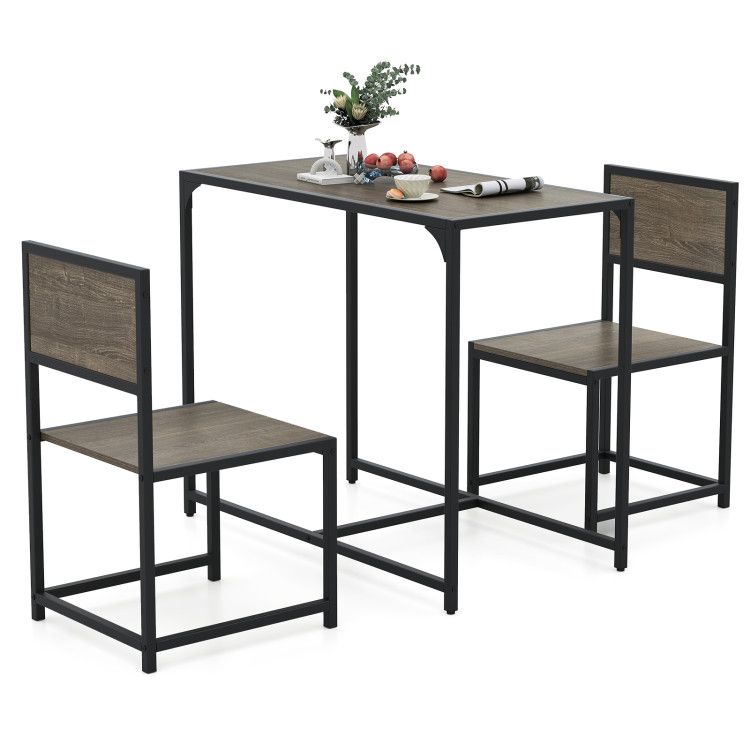 3 Pieces Dining Set Compact Table and 2 Chair with Metal Frame for Small Space