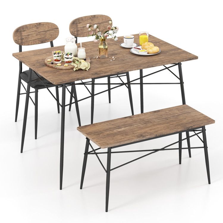 4 Piece Dining Table Set with Bench and 2 Chairs