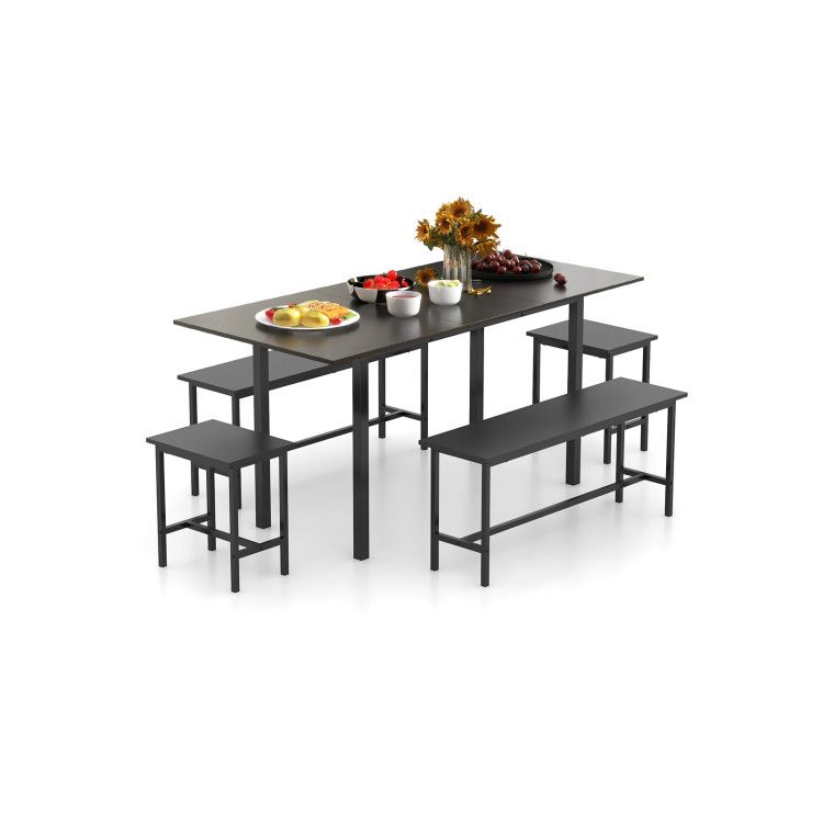 5 Piece Dining Table Set for 4-6 with 2 Benches & 2 Stools for Kitchen Dining Room