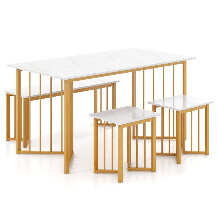 4 Piece Dining Table Set with Bench and 2 Stools