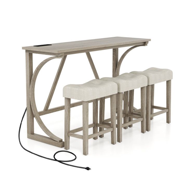 4-Piece Bar Table Set with Power Outlet and Upholstered Saddle Seat Stools