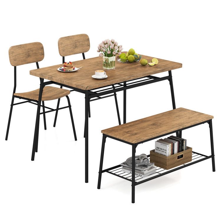 4 Piece Dining Table Set for 4 Metal Frame with Bench and 2 Chairs