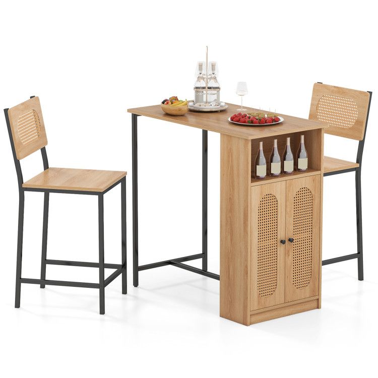 3-Piece Bar Table and Chairs Set with Storage Shelves and Footrests