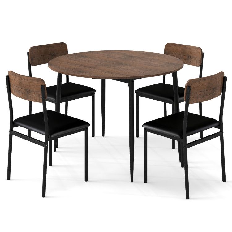 5-Piece Round Kitchen Table Set with Drop Leaf Tabletop and 4 Upholstered Dining Chairs