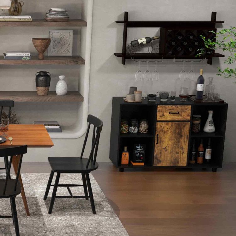 3-in-1 Dining Set: Windsor Chairs, Industrial Sideboard & Wall-Mount Wine Rack Combo