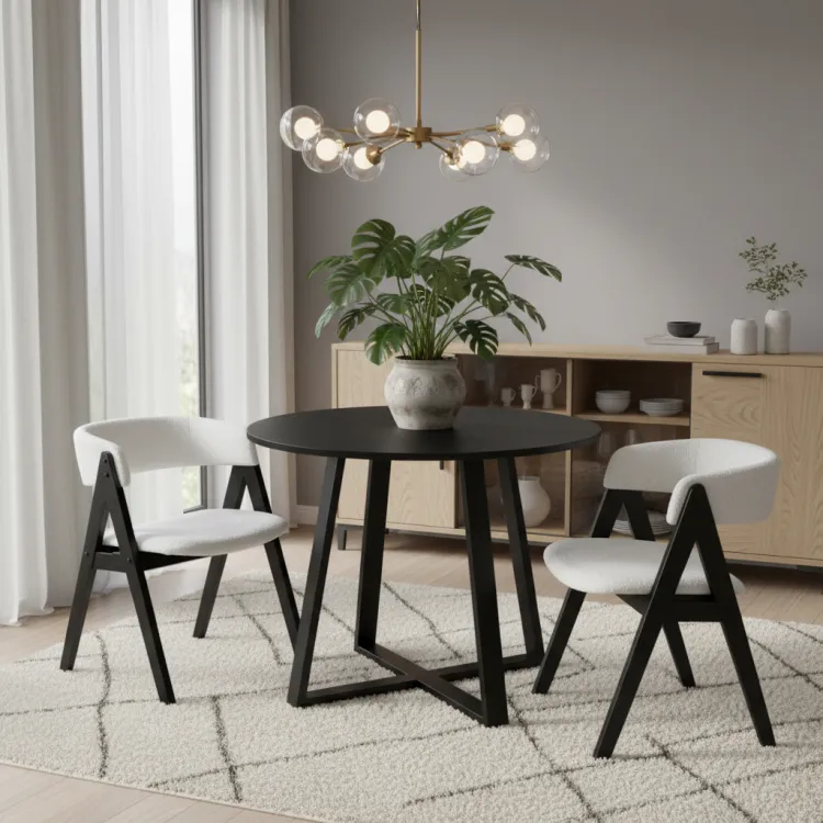 3-Piece Mid-Century Dining Set with 36” Round Pedestal Table and 2 Sherpa Upholstered Chairs