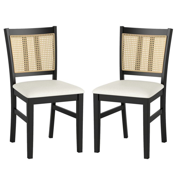 Farmhouse Rattan Dining Chair Set of 2 with Rubber Wood Legs and Cane Back