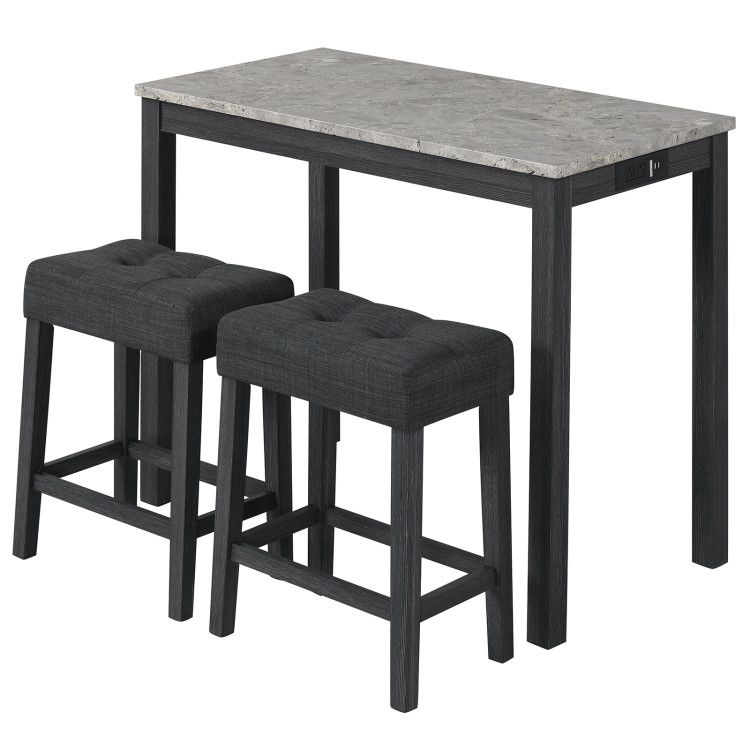 3-Piece Bar Table Set with Charging Station and Faux Marble Top