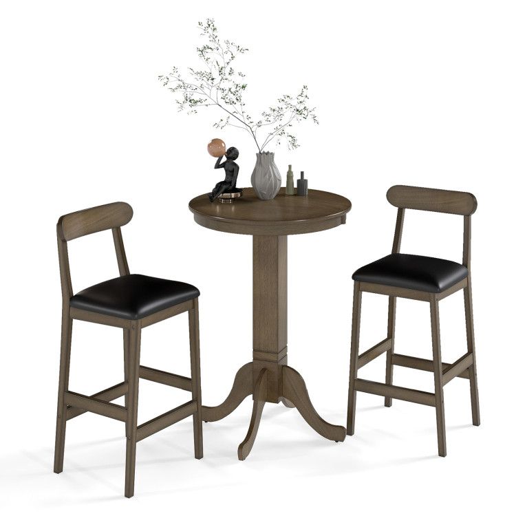 3 Pieces Wood Bar Table Set for 2 Round Pub Table with Pedestal Base and 2 Armless Stools