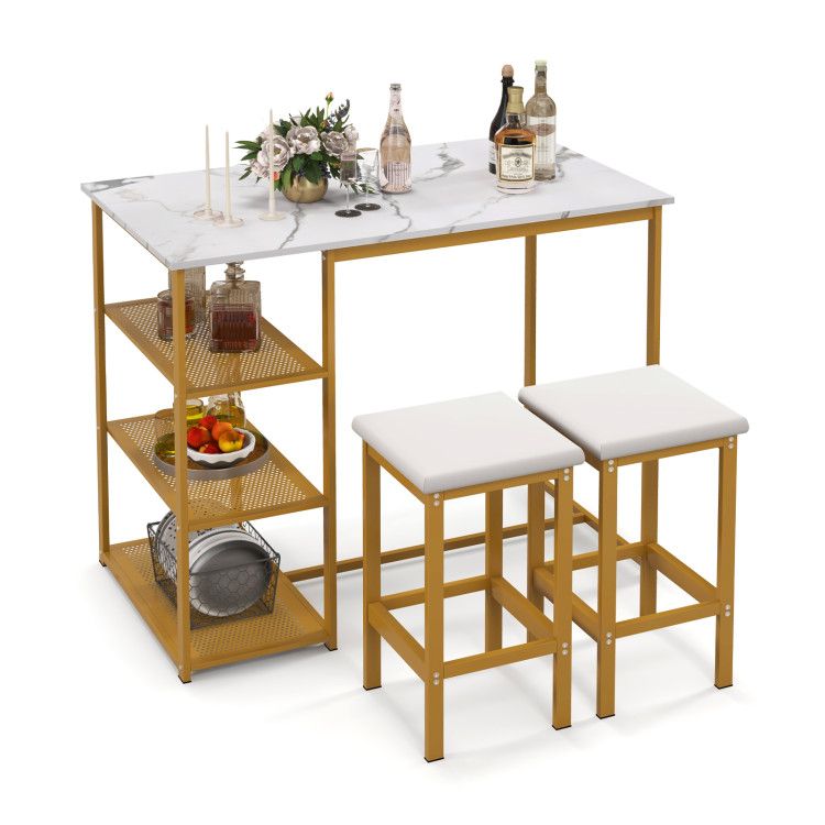 3 Pieces Gold Bar Table Set for 2 with 3-Tier Storage Shelves