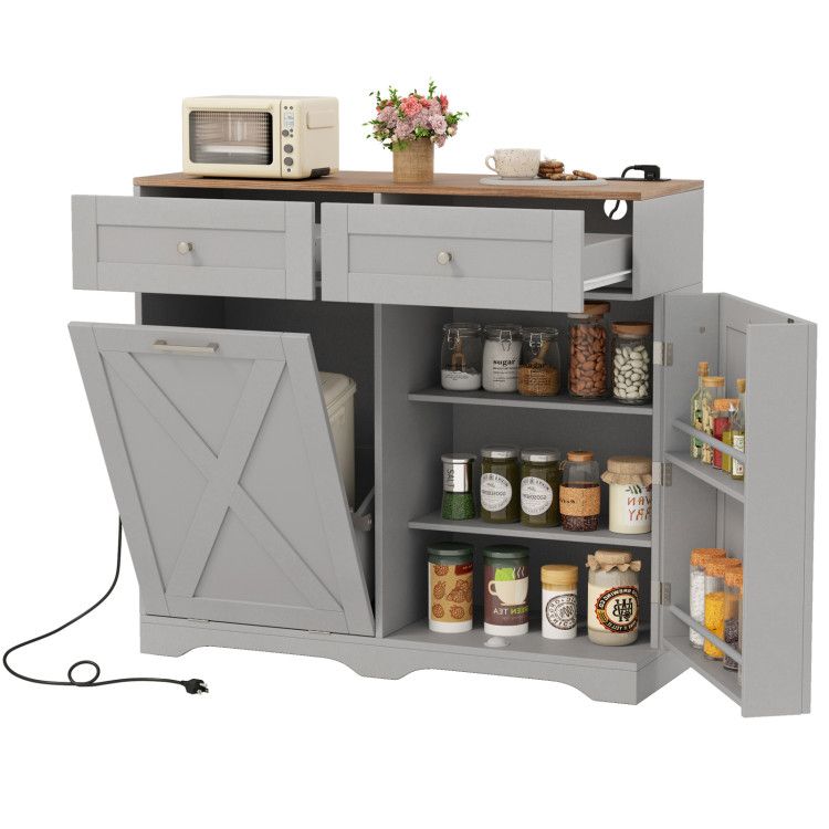Tilt Out Trash Can Cabinet with Outlets and Adjustable Shelf Tilt Out Trash Can Cabinet with Outlets and Adjustable Shelf