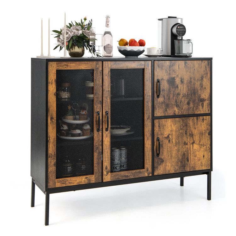 48 Inch Industrial Kitchen Buffet Sideboard with Metal Mesh Doors and Anti-toppling Device 48 Inch Industrial Kitchen Buffet Sideboard with Metal Mesh Doors and Anti-toppling Device