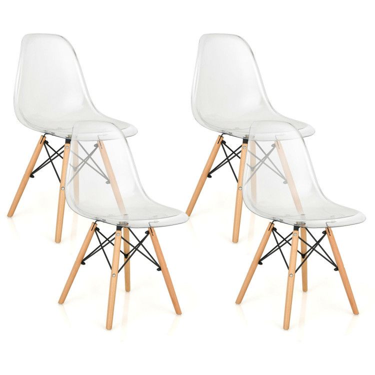 Set of 4 Dining Chairs Modern Plastic Shell Side Chair with Clear Seat and Wood Legs Set of 4 Dining Chairs Modern Plastic Shell Side Chair with Clear Seat and Wood Legs