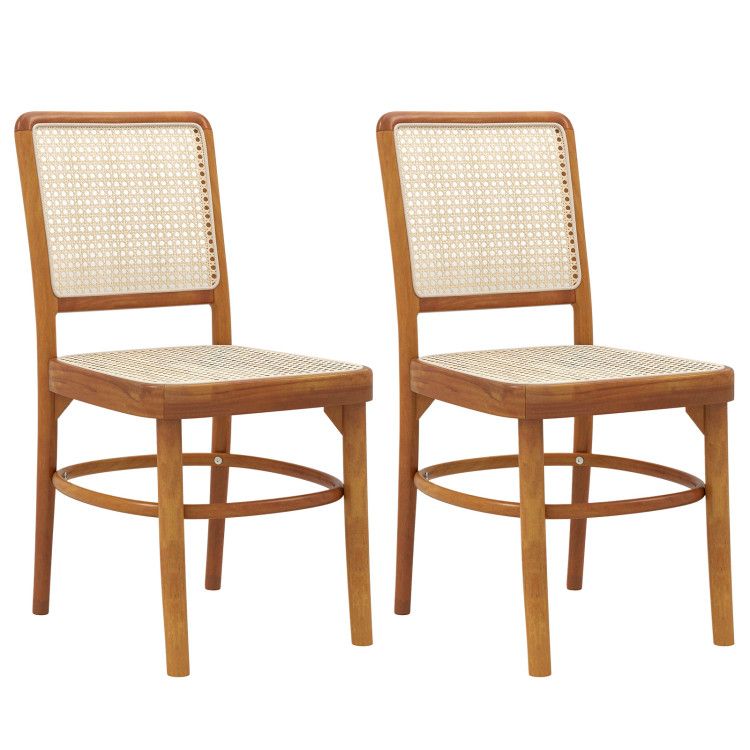 Set of 2 Boho Dining Chairs Rattan with Teak Wood Structure and Footrests Set of 2 Boho Dining Chairs Rattan with Teak Wood Structure and Footrests