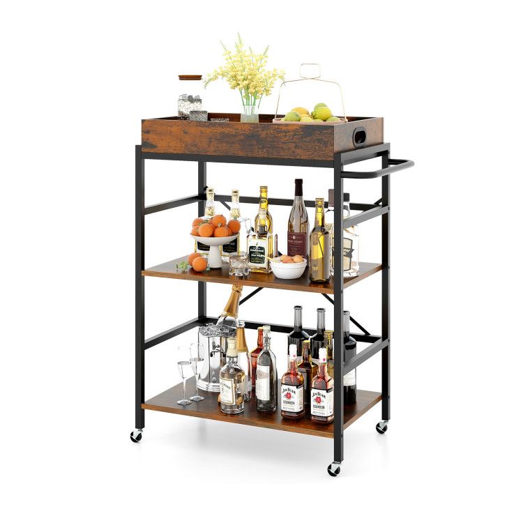 3-Tier Industrial Bar Cart with Detachable Tray for Kitchens 3-Tier Industrial Bar Cart with Detachable Tray for Kitchens