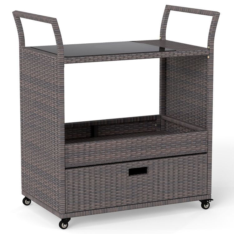 Outdoor Wicker Bar Cart Table with Tempered Glass Top Outdoor Wicker Bar Cart Table with Tempered Glass Top