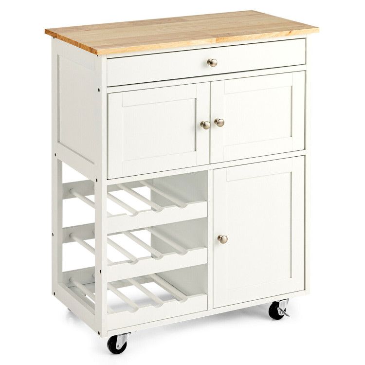 Kitchen Cart with Rubber Wood Top 3 Tier Wine Racks 2 Cabinets Kitchen Cart with Rubber Wood Top 3 Tier Wine Racks 2 Cabinets