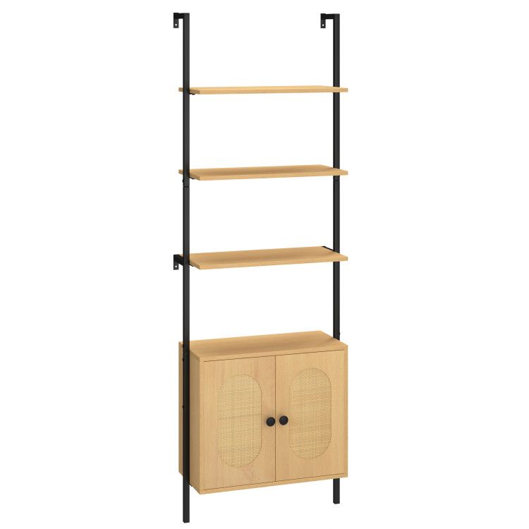 72.5 Inch 6-Tier Wall Mounted Ladder Bookshelf with Rattan Cabinet 72.5 Inch 6-Tier Wall Mounted Ladder Bookshelf with Rattan Cabinet