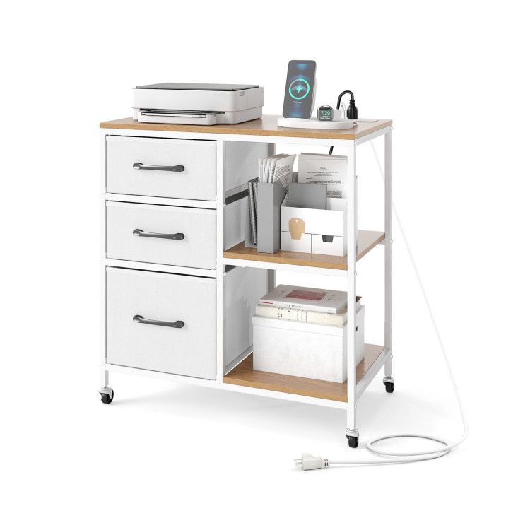 3 Drawer Mobile File Cabinet with Charging Station Rolling Printer Stand with Open Storage Shelves 3 Drawer Mobile File Cabinet with Charging Station Rolling Printer Stand with Open Storage Shelves